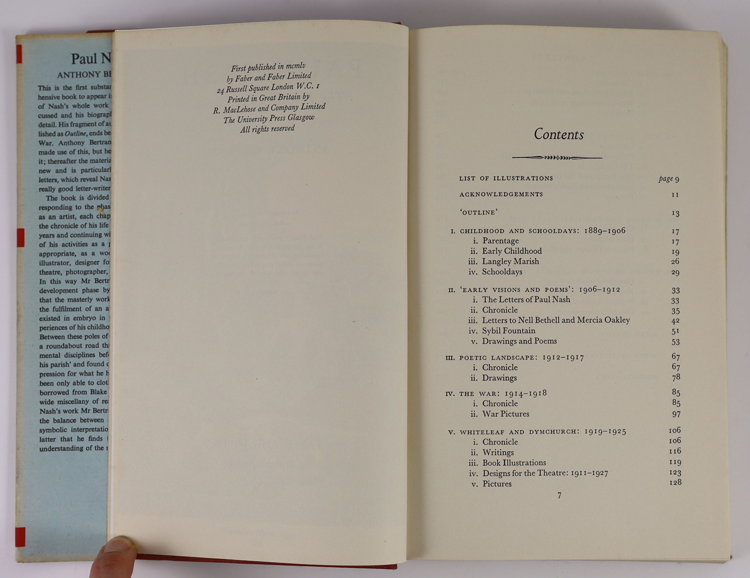 Nash, Paul - Outline. 1st ed. Complete with 3 plates, 2 being coloured, and numerous full page text illus. Publishers cloth with Letters direct on upper and spine and original illustrated d/j. 8vo Faber and Faber Limited